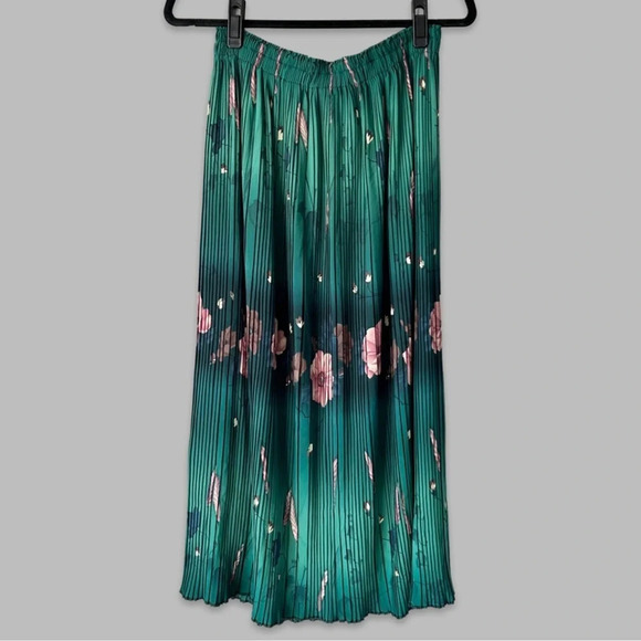 None Dresses & Skirts - Floral Pattern  Pleated Stretchy Midi Maxi Skirt